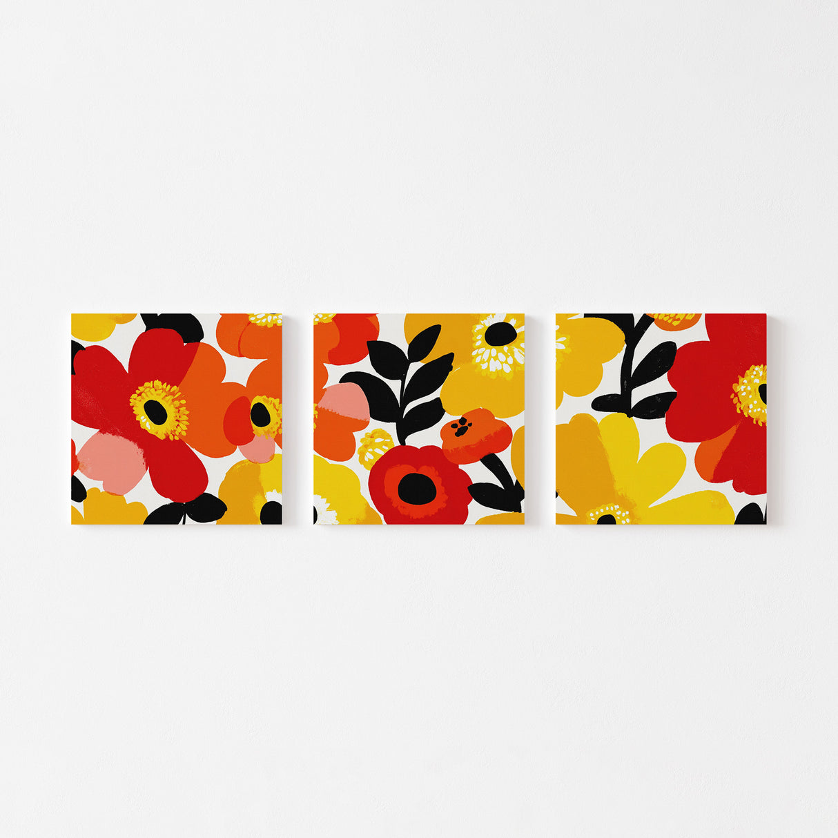 視界いっぱいに広がる、いきいきとした花のエネルギーが、あなたを前向きに照らす – フラワーブラスト・トリプティック – Flower Blast Triptych