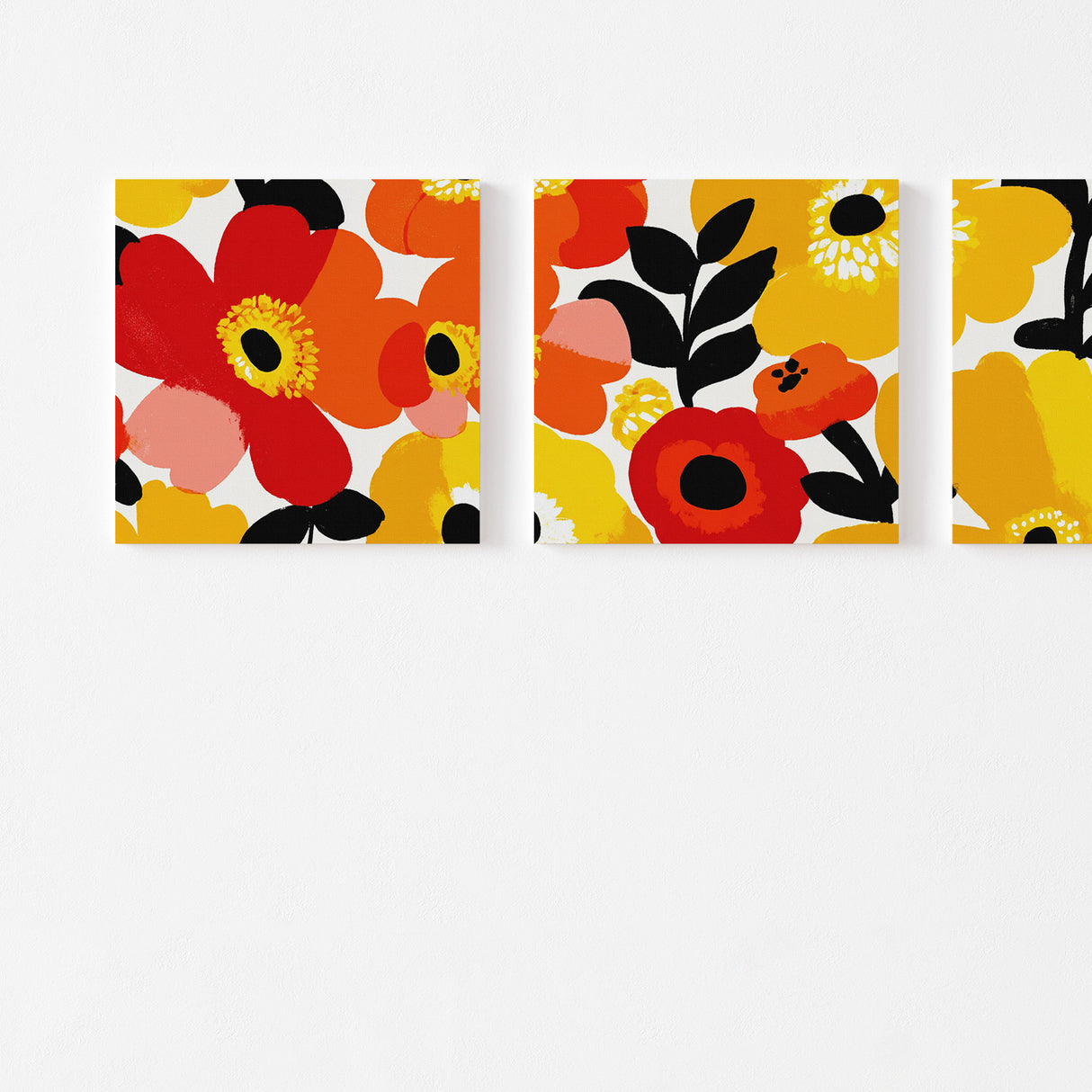 視界いっぱいに広がる、いきいきとした花のエネルギーが、あなたを前向きに照らす – フラワーブラスト・トリプティック – Flower Blast Triptych