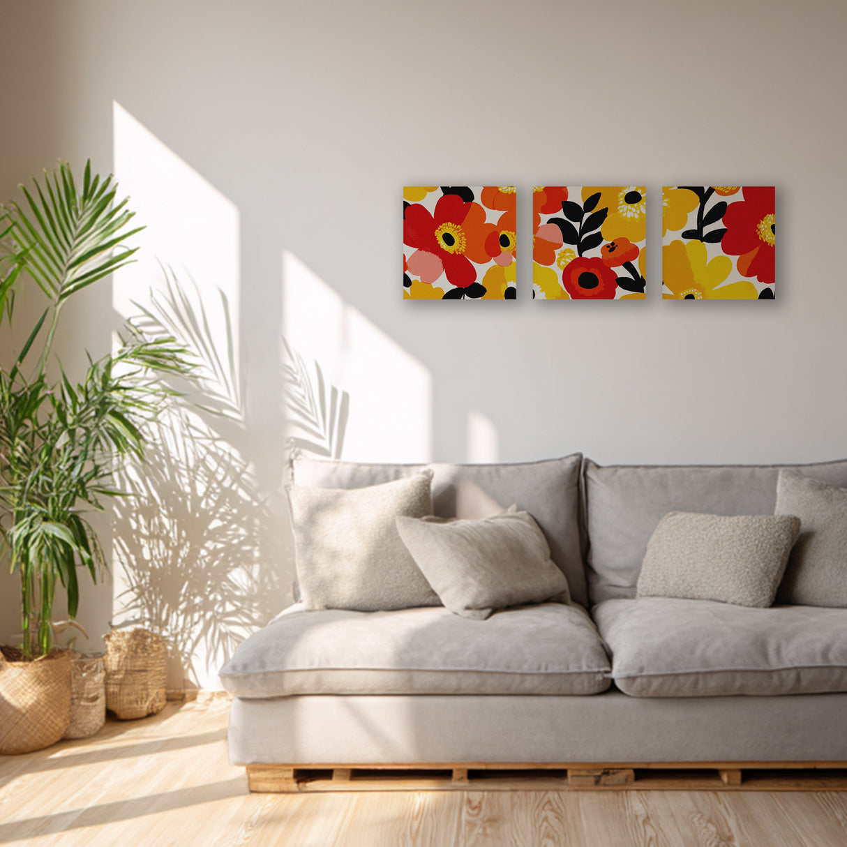 視界いっぱいに広がる、いきいきとした花のエネルギーが、あなたを前向きに照らす – フラワーブラスト・トリプティック – Flower Blast Triptych