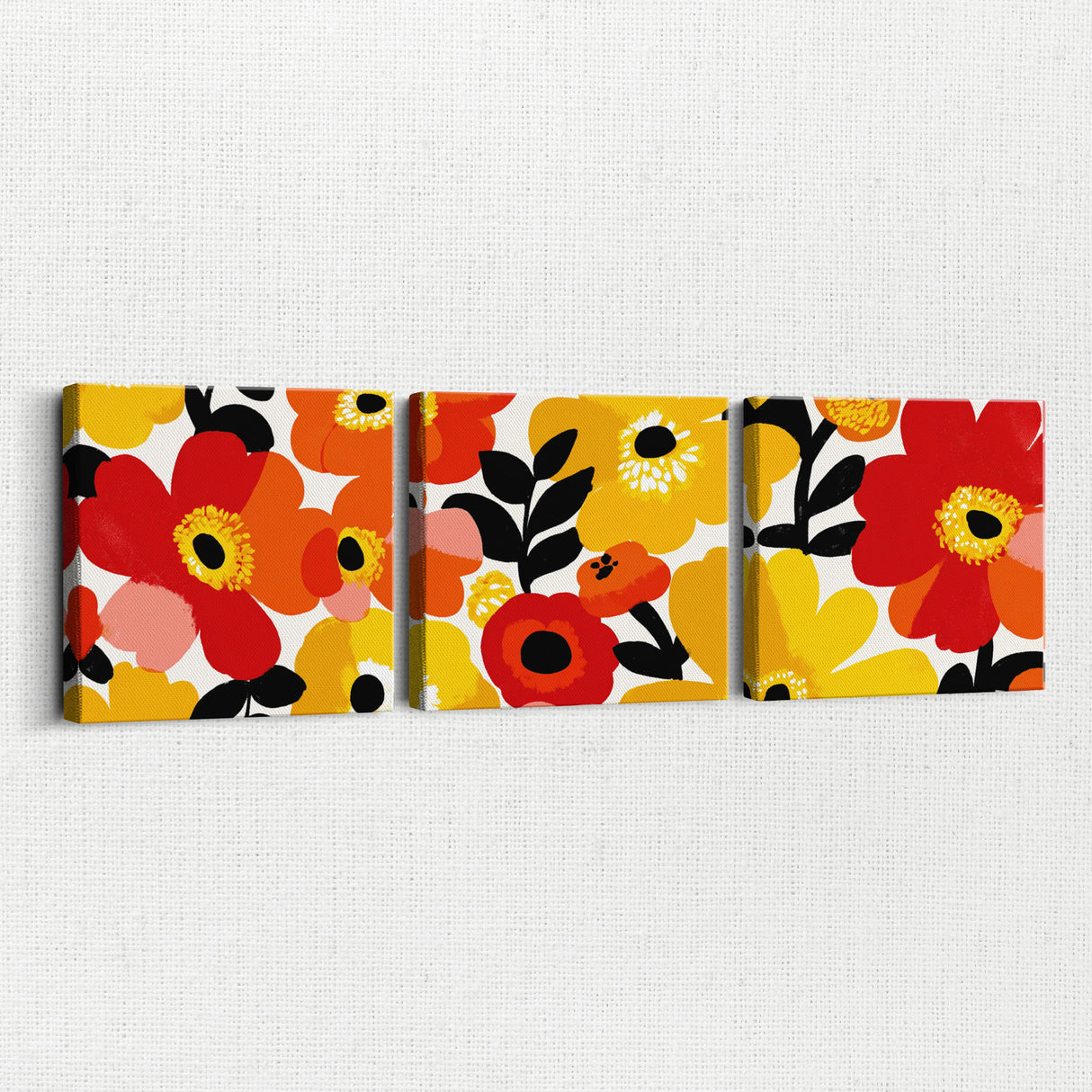 視界いっぱいに広がる、いきいきとした花のエネルギーが、あなたを前向きに照らす – フラワーブラスト・トリプティック – Flower Blast Triptych