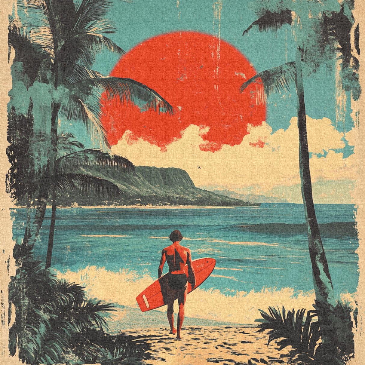ハワイアンレトロアート「サンセット・サーフライド」