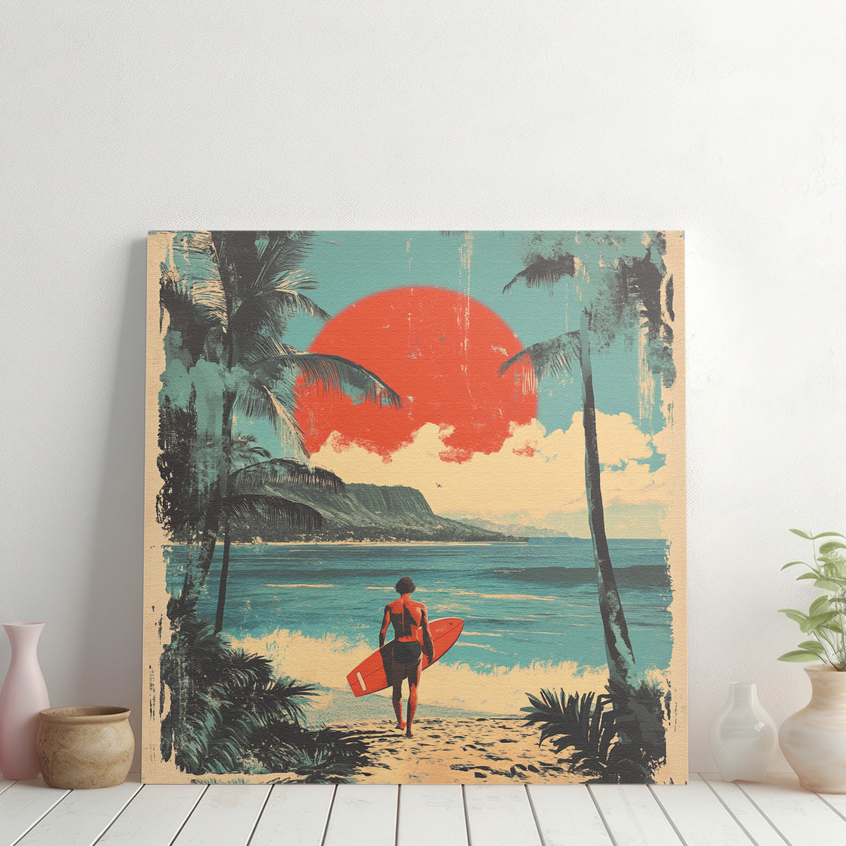 ハワイアンレトロアート「サンセット・サーフライド」