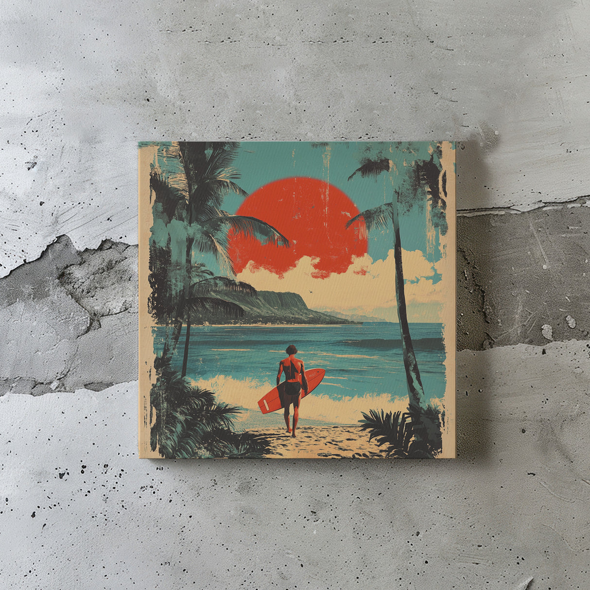 ハワイアンレトロアート「サンセット・サーフライド」