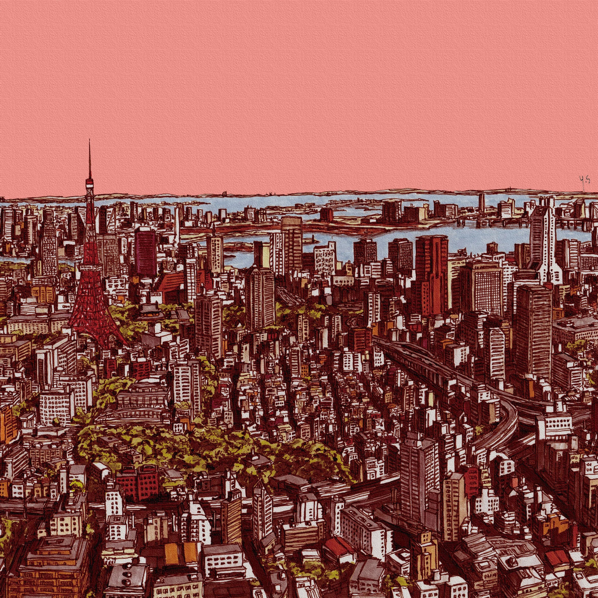 Fabric panel with a sketch of Tokyo at dusk Art Goods sbt-0002