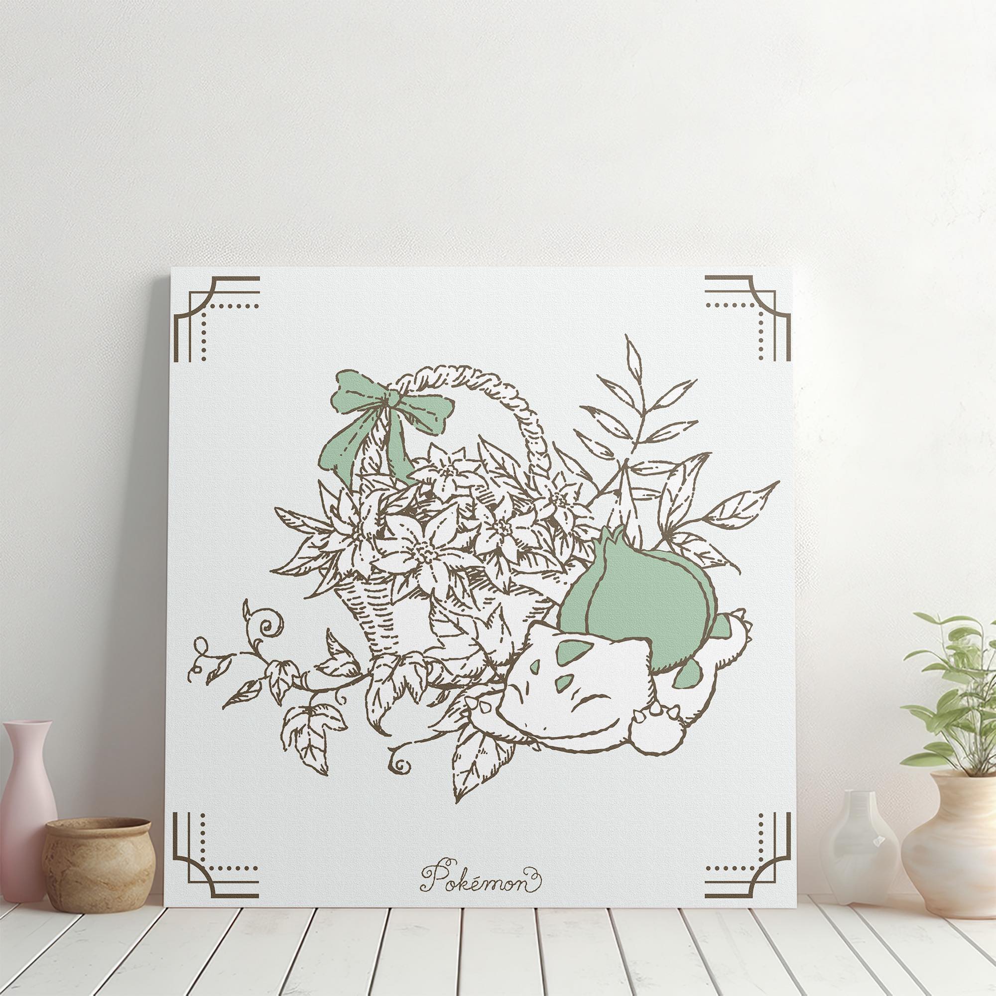 フシギダネ ボタニカルアートパネル｜花かごで眠る癒しのインテリア